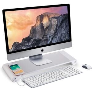 PG Silver Monitor Stand Riser with 4-Port USB Charging ports, keyboard computer